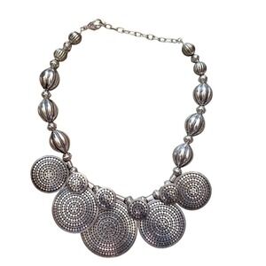 St. Thomas Silver Tone Bib Statement Necklace Textured Circle Medallions